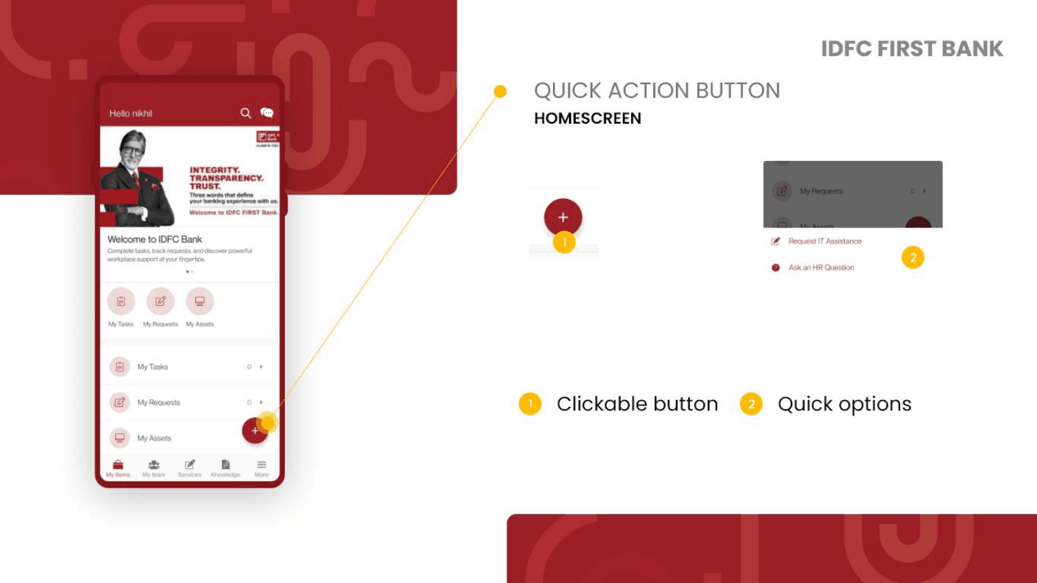 IDFC Bank app quick action button