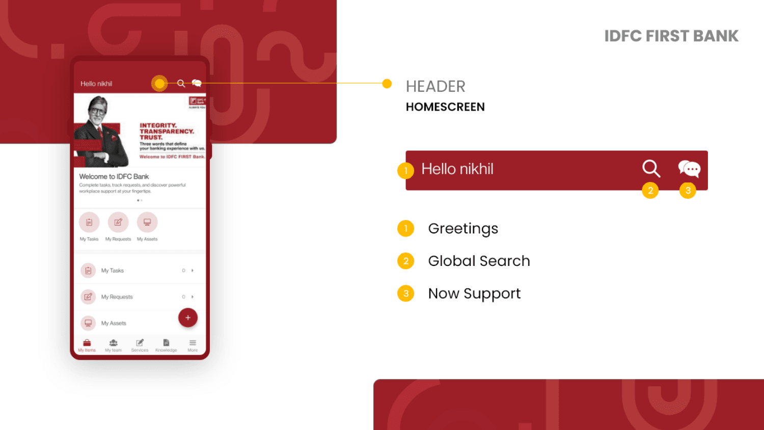 IDFC Bank app homescreen header with greeting and search
