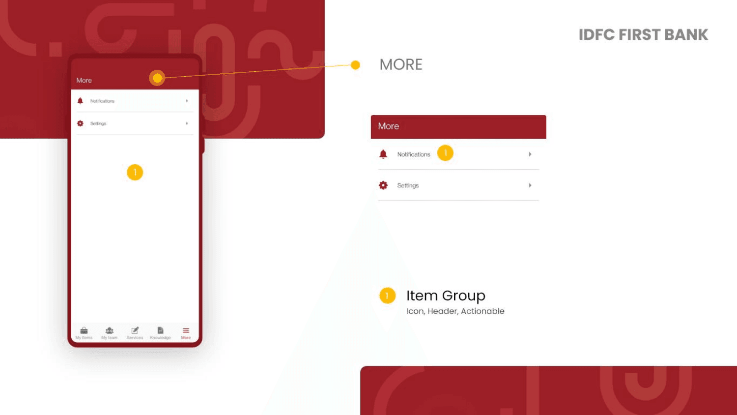 IDFC Bank More section with notifications and settings